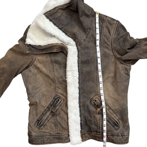 Women Small Sherpa Lined Faux Leather Aviator Bomber Jacket Brown Winter - Picture 10 of 10